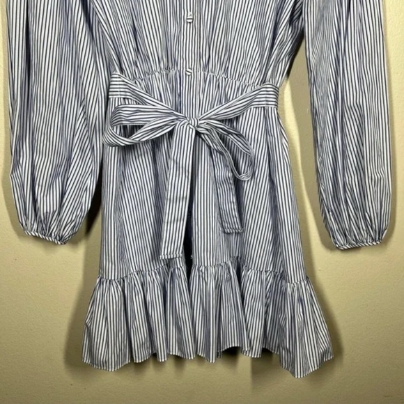 CINQ À SEPT Kelly Long Sleeve Mini Shirtdress Blue/White Striped belt buttons 4 - Picture 5 of 7